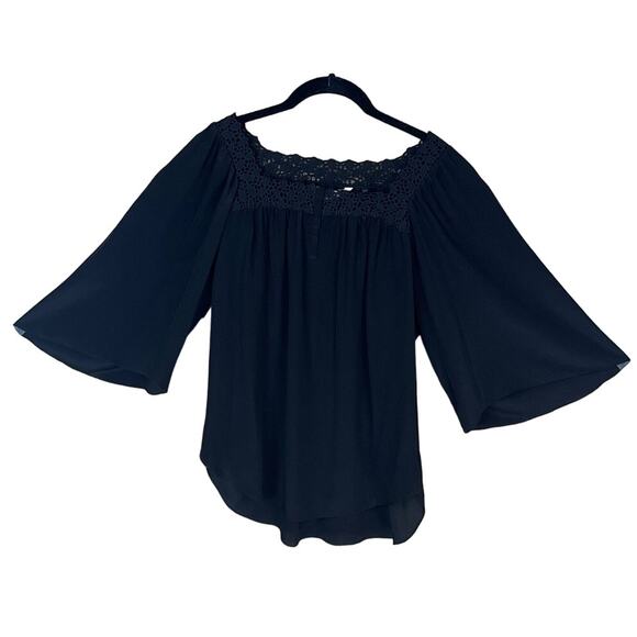 Rebecca Taylor 100% Silk Solid Black Top Eyelet Neck Cropped Bell Sleeve Size 4 - Picture 1 of 10